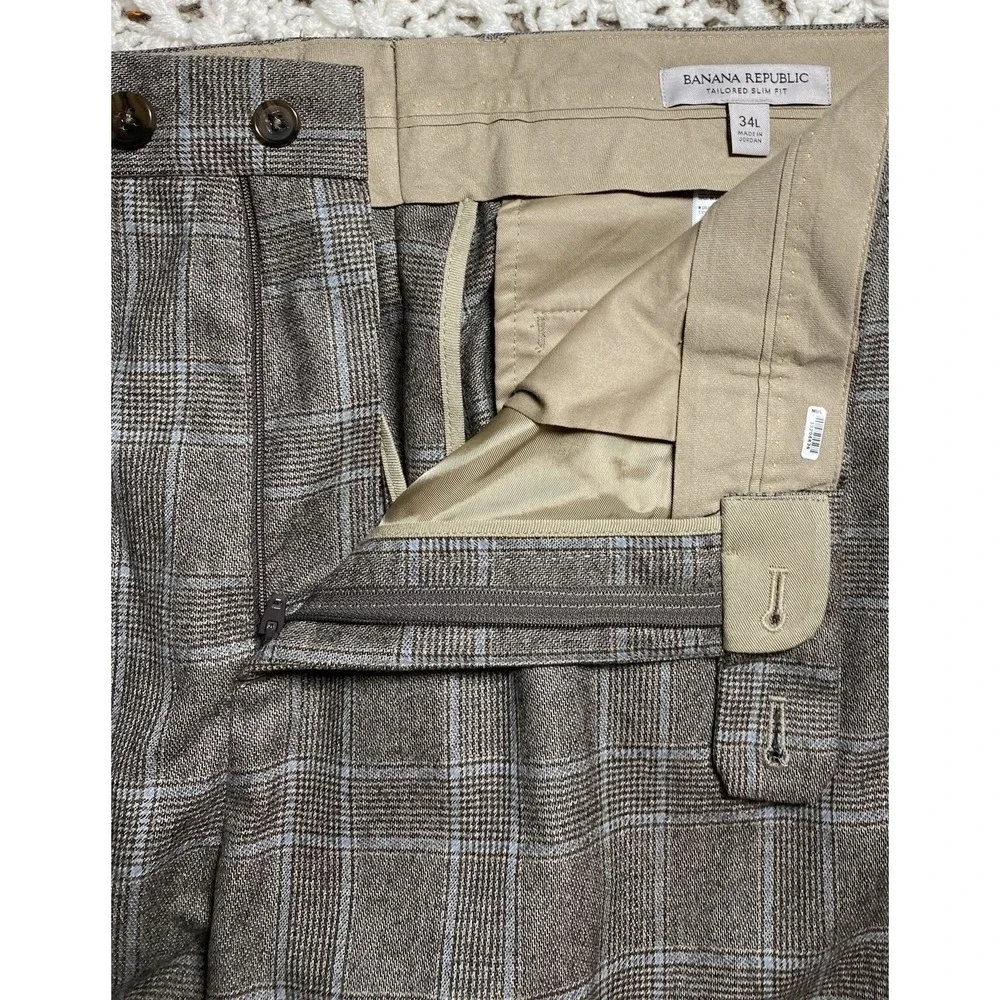Men's Tailored Dress Pants Slim Fit Windowpane Size W36 34L Italian Flannel Wool